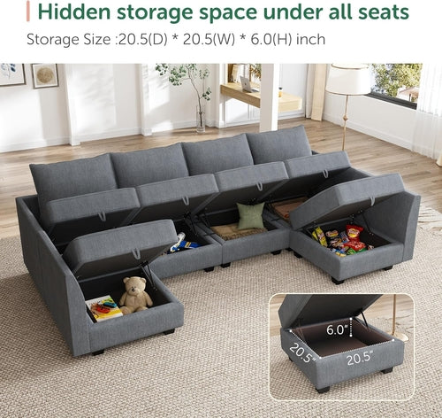 Bluish Grey U Shaped Sectional Sofa With Modular Storage