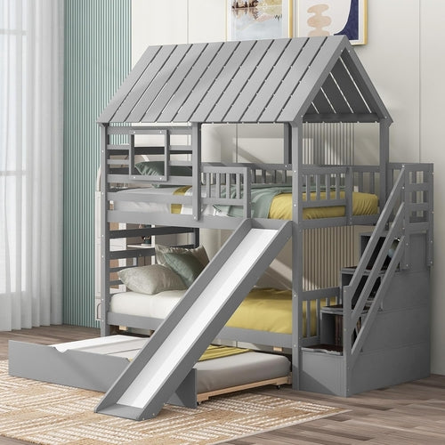 Kids Twin over Twin Bunk Beds with Slide and Trundle