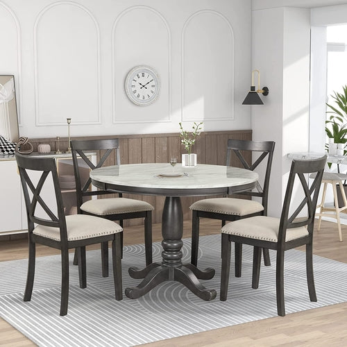 5-Piece round Dining Table Set with Cushioned Chairs