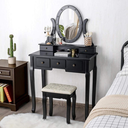 Black Vanity Dressing Table Set With Rotating LED Mirror