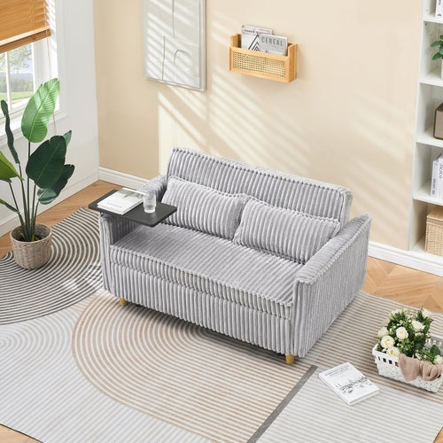 Pull-Out and Push-in Gray Corduroy Sofa with dual functions