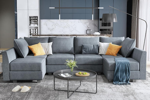 Bluish Grey U Shaped Sectional Sofa With Modular Storage