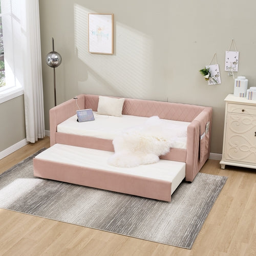 Pink velvet daybed, sturdy wooden bed frame, modern diamond grid