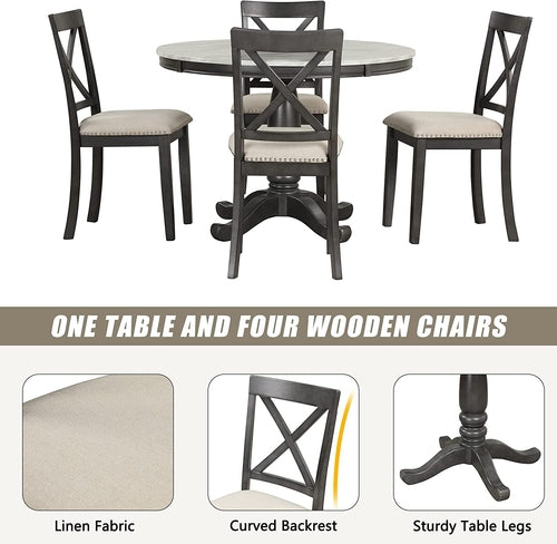 5-Piece round Dining Table Set with Cushioned Chairs