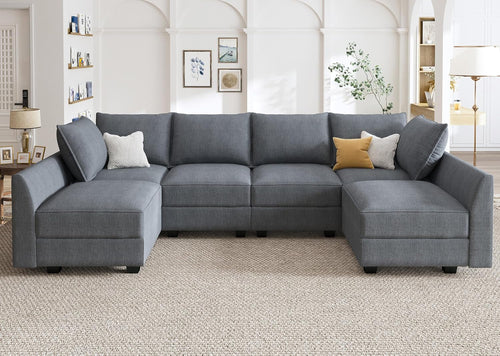 Bluish Grey U Shaped Sectional Sofa With Modular Storage
