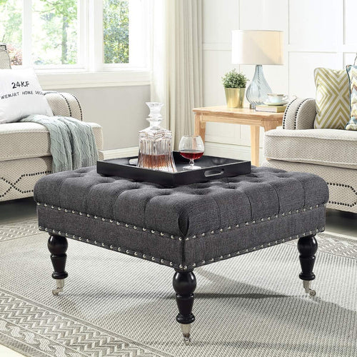 Charcoal Gray Tufted Square Ottoman With Rolling Wheels