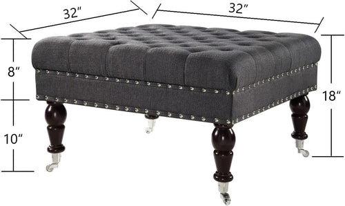 Charcoal Gray Tufted Square Ottoman With Rolling Wheels