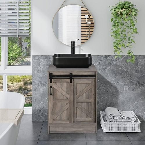 Modern Farmhouse Bathroom Vanity w/ Barn Wood Sliding Door / Black