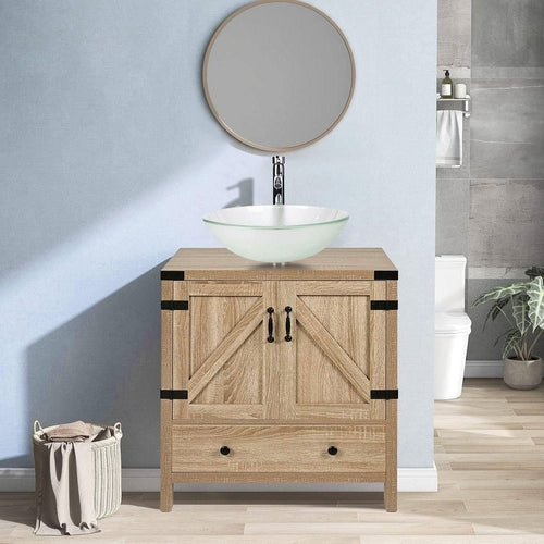 Modern Farmhouse Bathroom Vanity with Wooden Sliding Door and Frosted