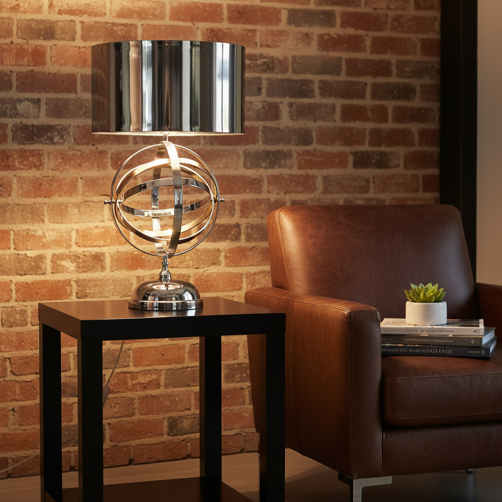 Armillary sphere lamp beside armchair