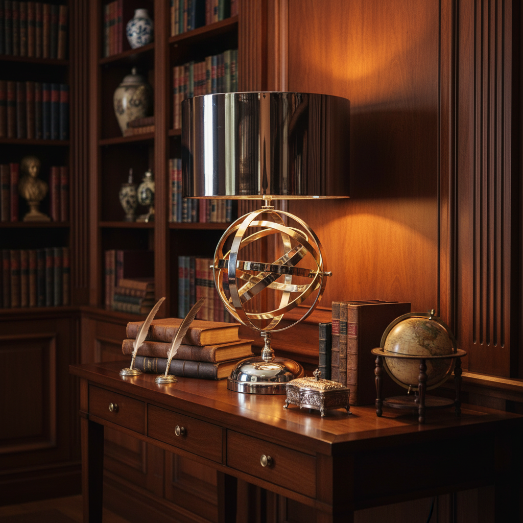 Armillary sphere lamp in library setting