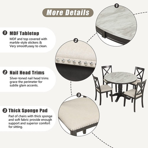 5-Piece round Dining Table Set with Cushioned Chairs