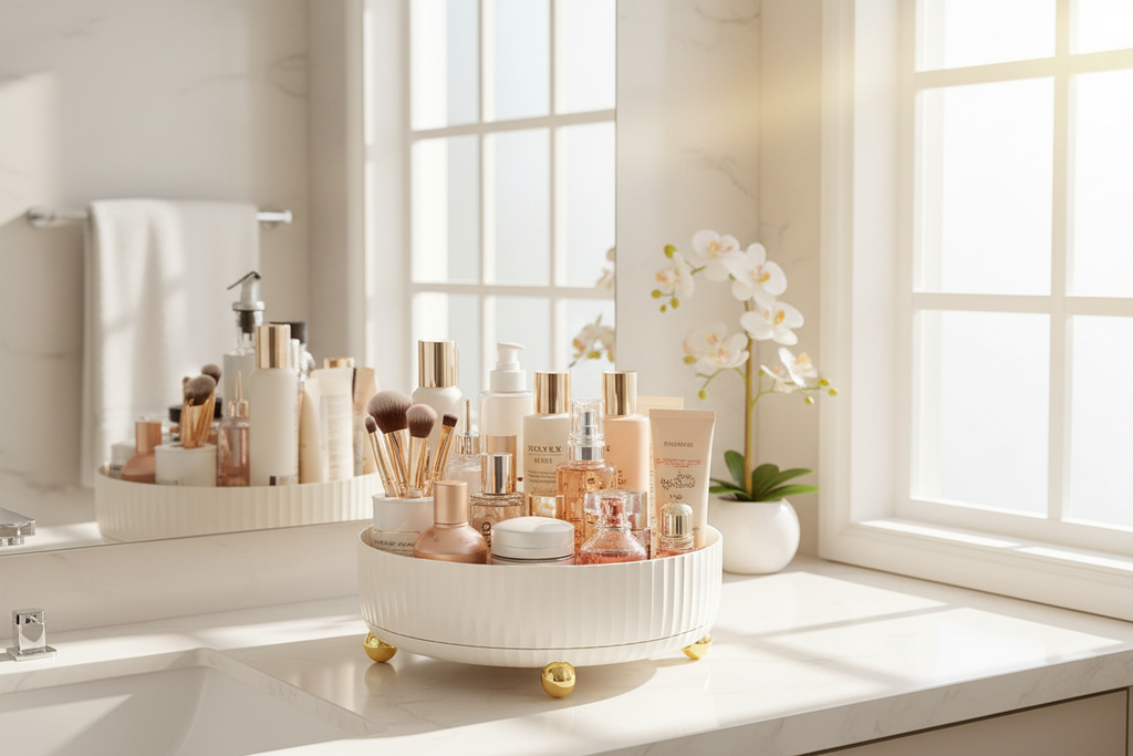 Bathroom counter with cosmetics