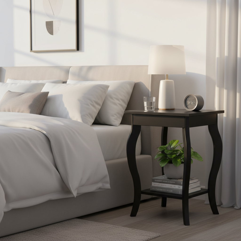 Bedroom with black end table as nightstand