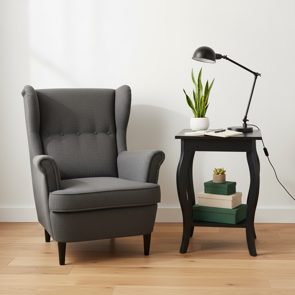 Black end table in home office setting