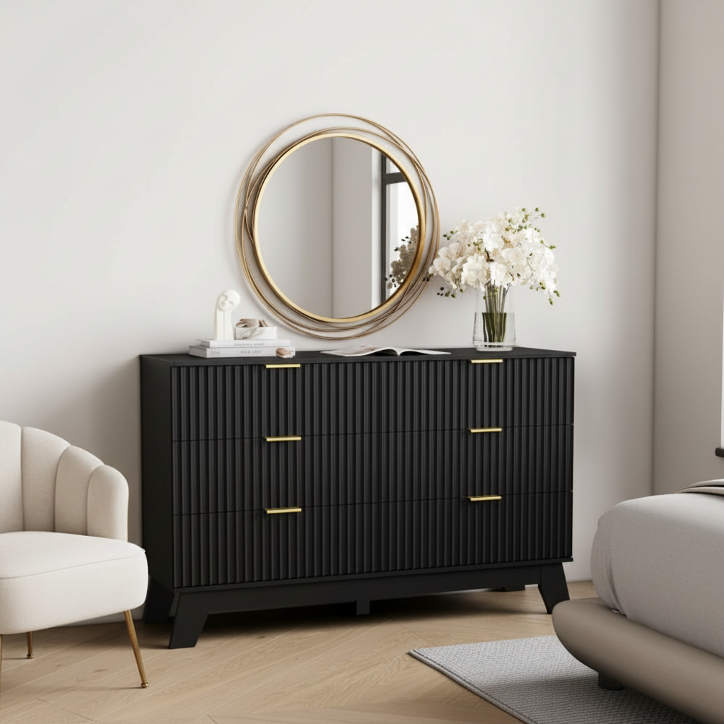 Black fluted dresser with gold mirror