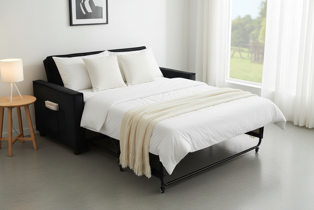 Black velvet sofa bed fully extended