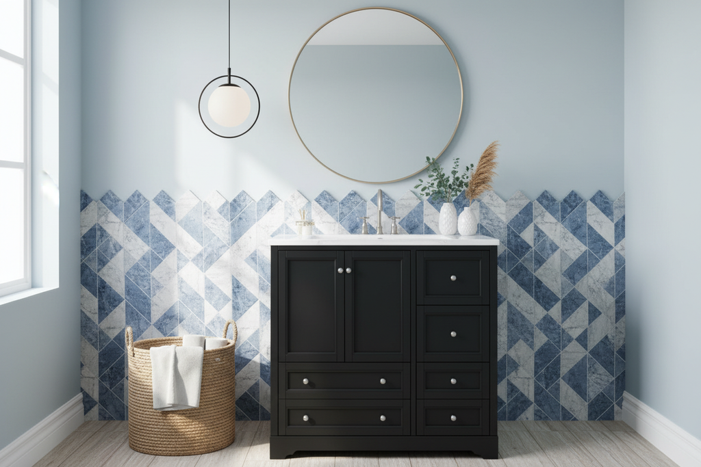 Blue and white geometric tiles