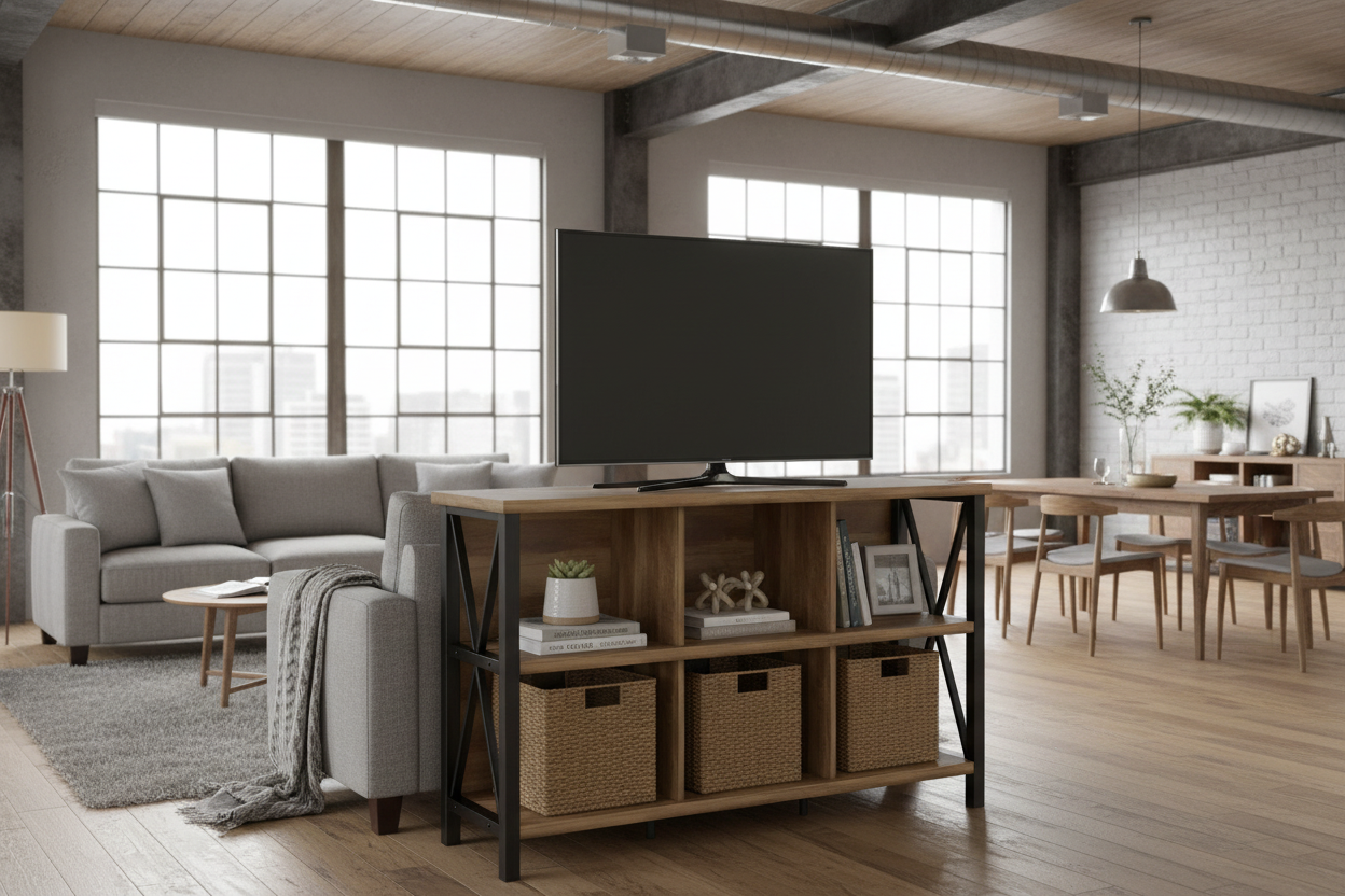 Bookcase as TV stand and room divider