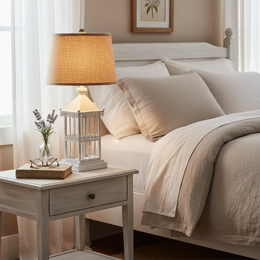 Castle lamp on bedroom nightstand