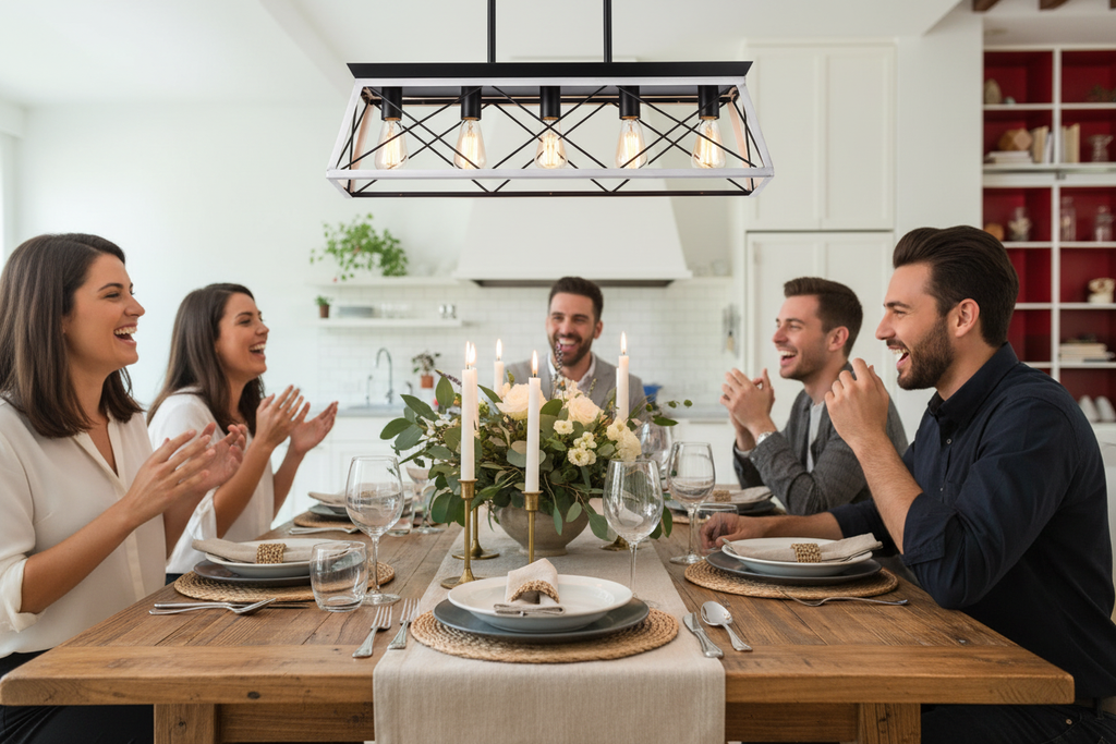Chandelier over dinner party table