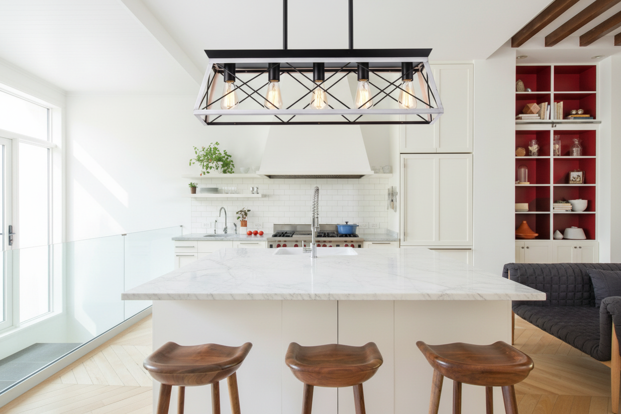 Chandelier over kitchen island