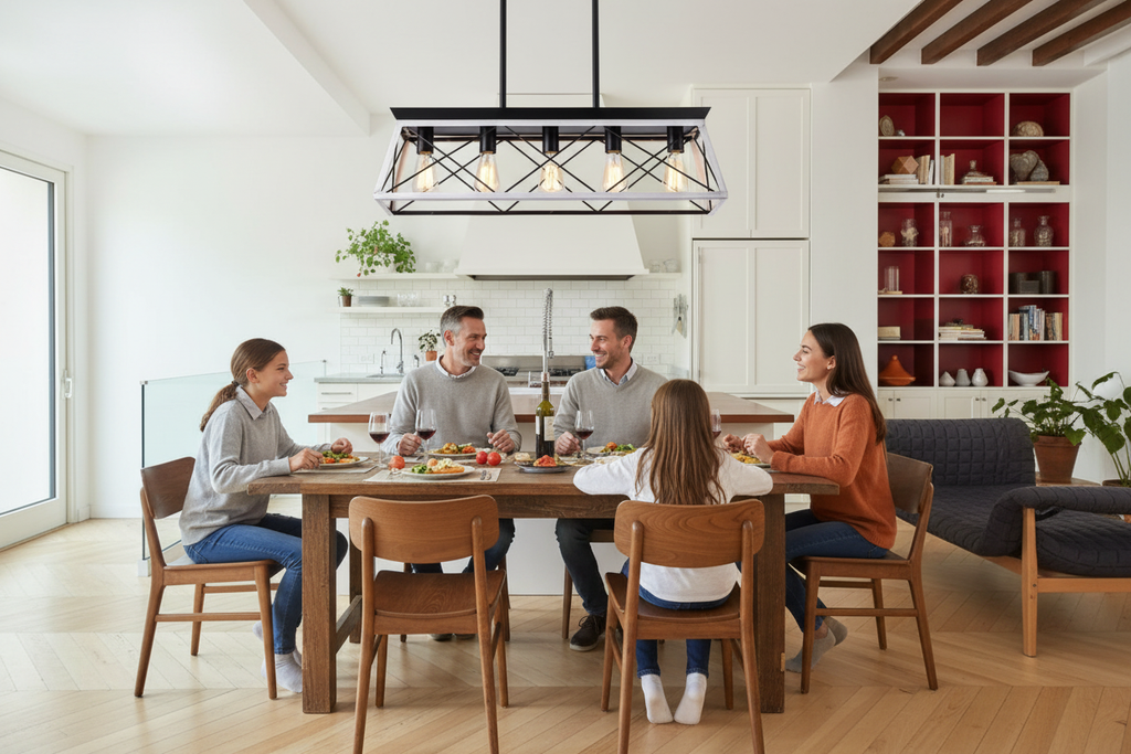 Chandelier over rustic dining table