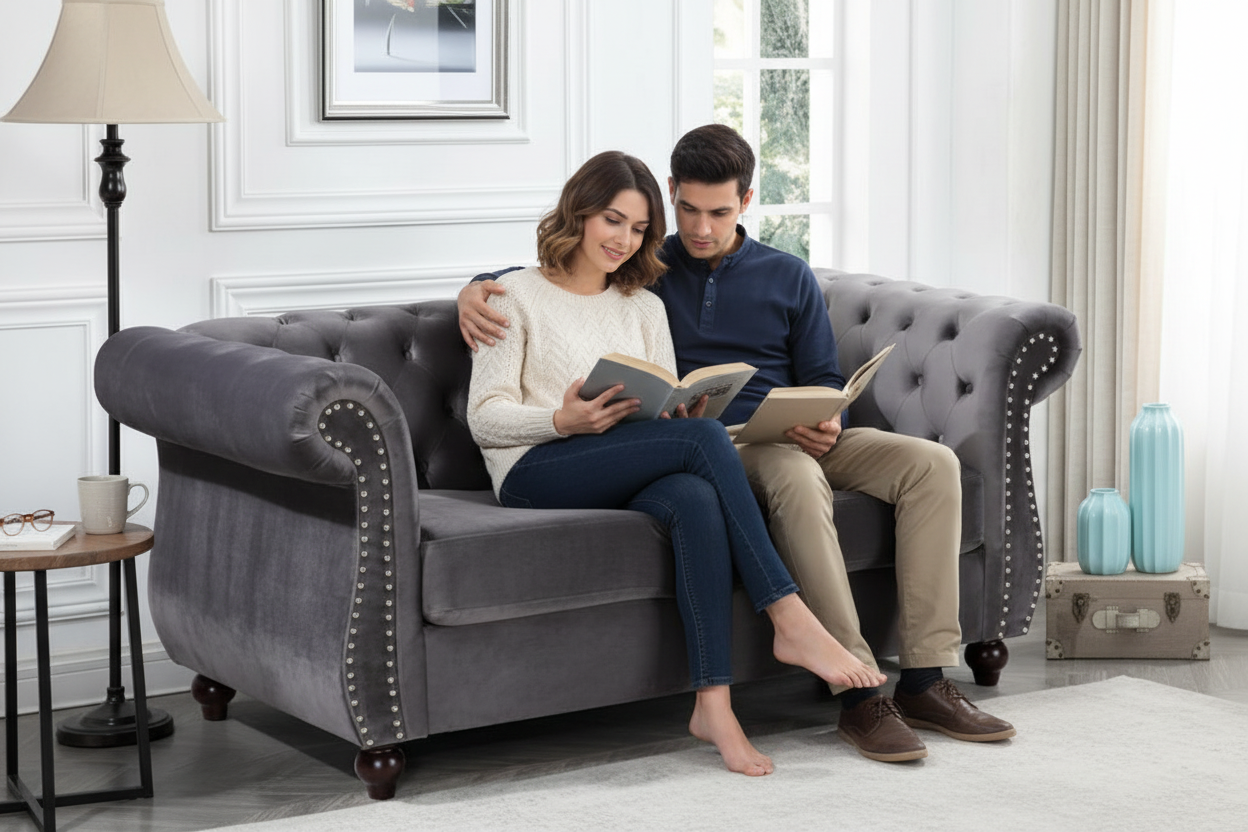 Chesterfield Loveseat - Couple Relaxing
