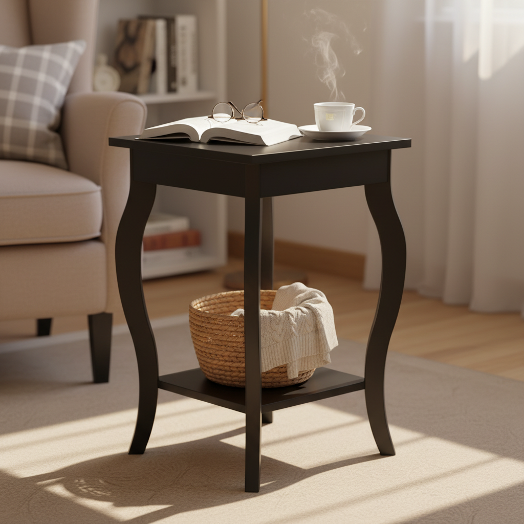 Close-up of black end table in reading nook