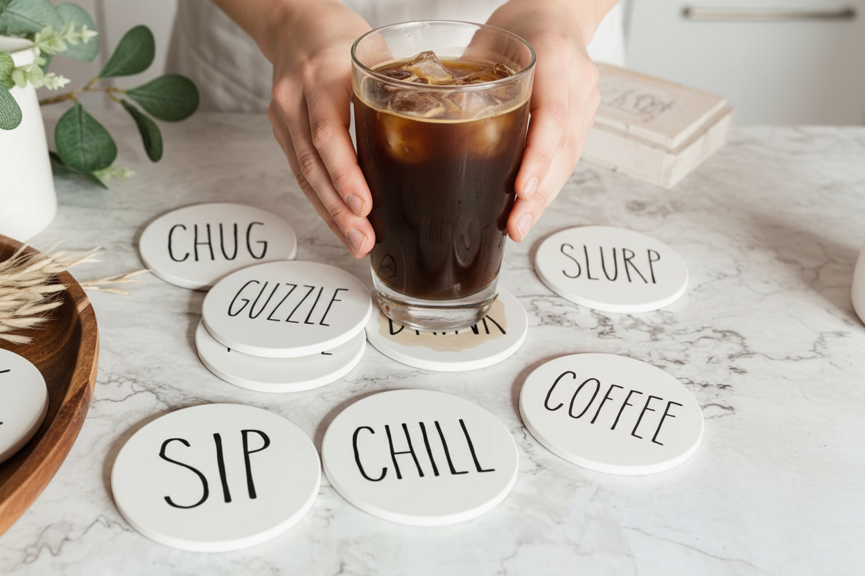 Close-up of drink being placed on coaster