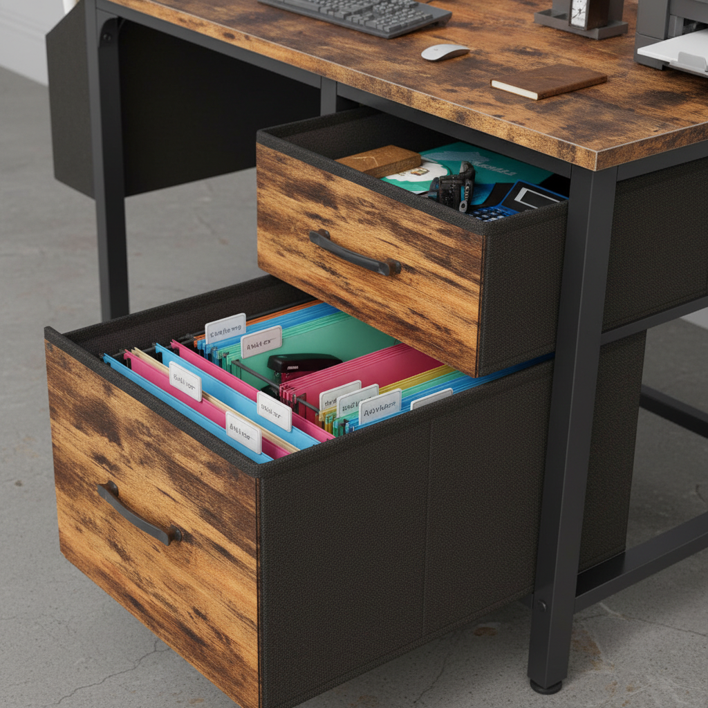 Close-up of fabric drawers with organized supplies