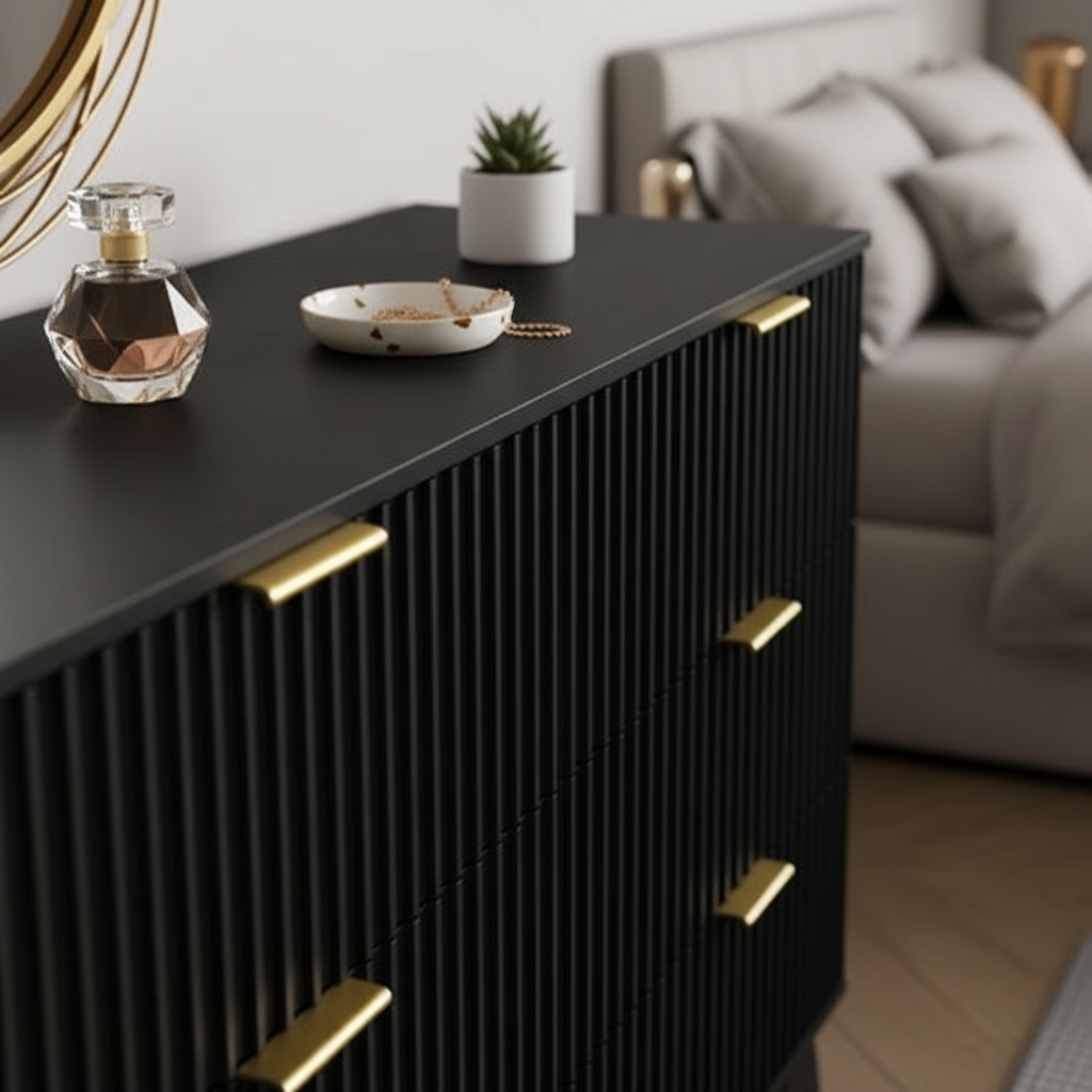 Close-up of fluted texture and gold handles