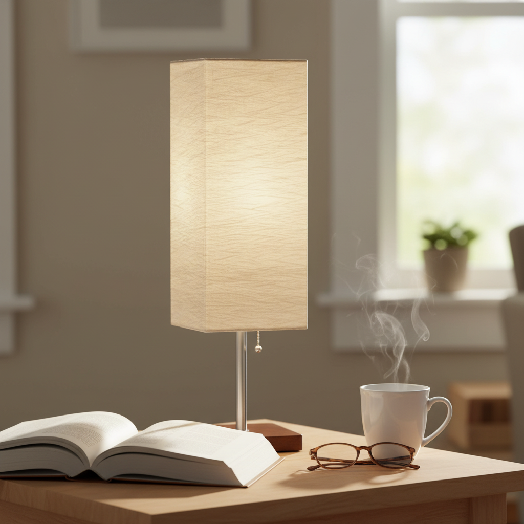 Close-up of lamp with tea and book