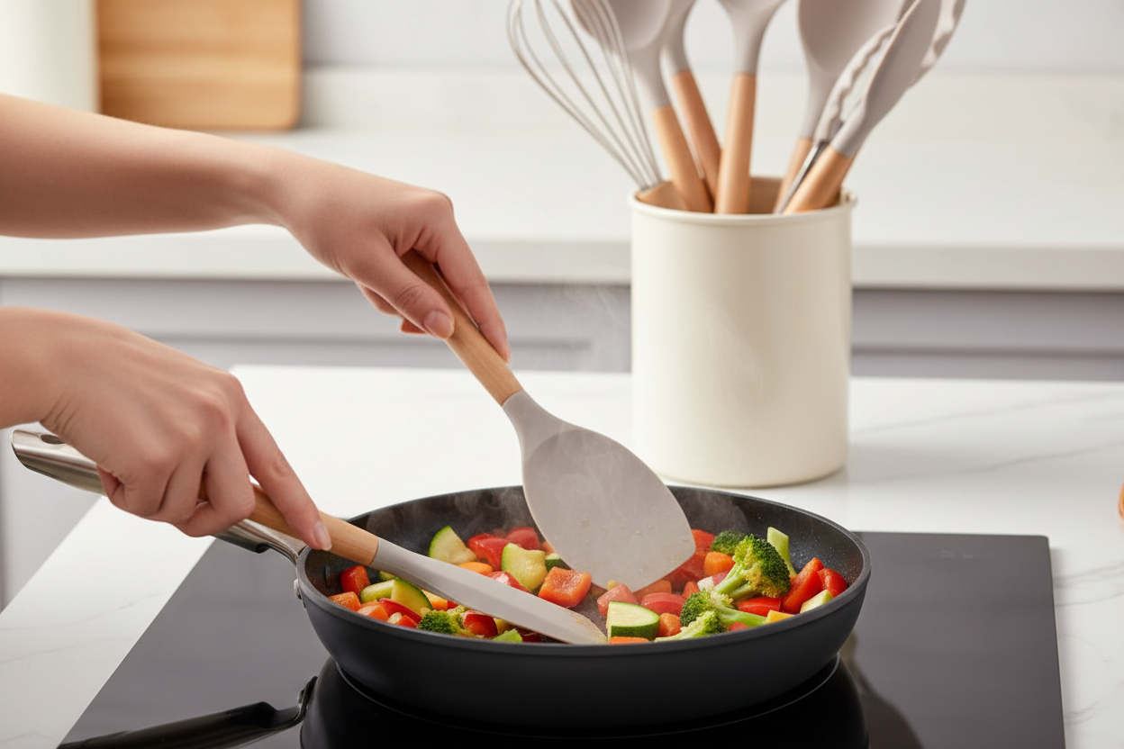 Close-up of spatula in use cooking