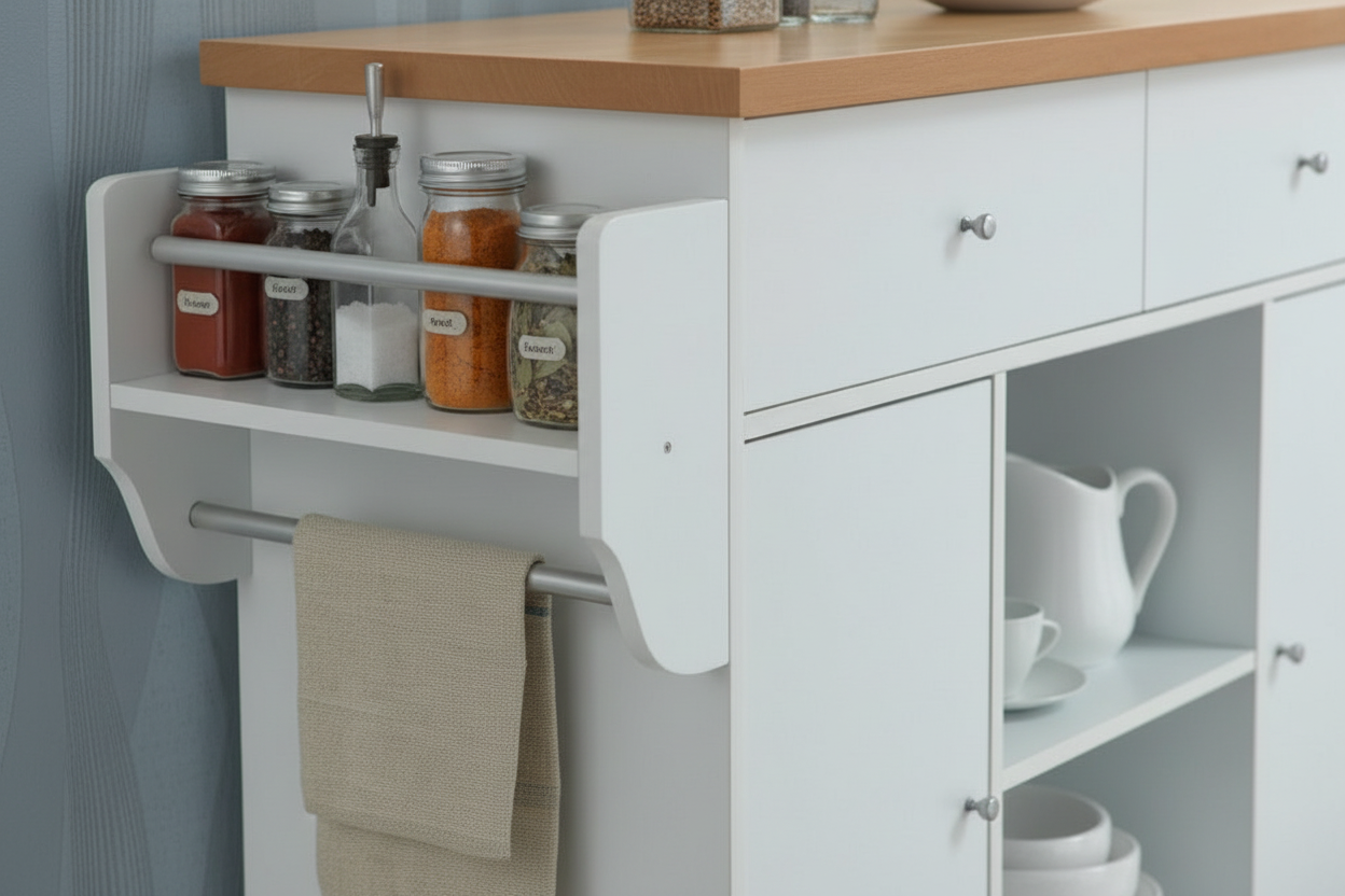 Close-up of spice rack and towel holder