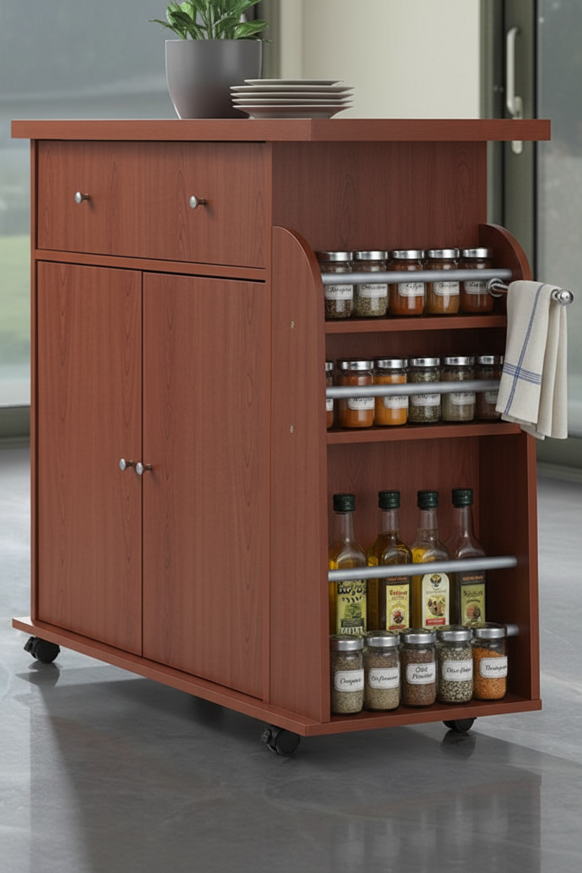 Close-up of spice rack and towel holder