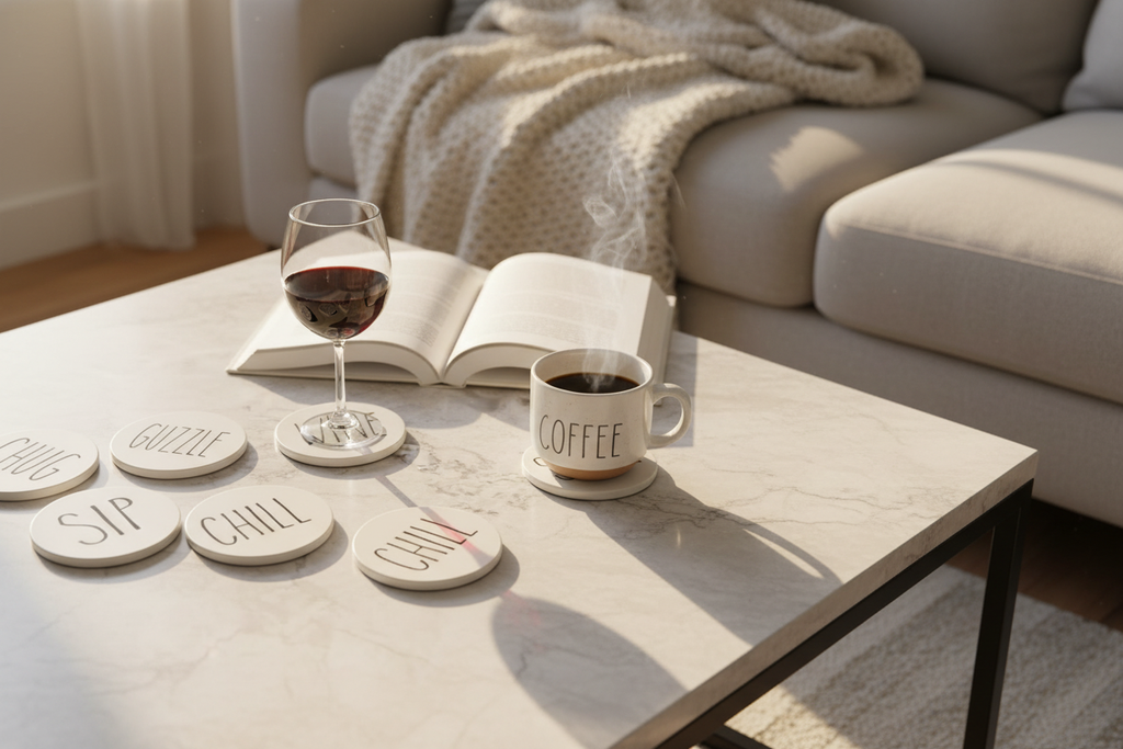 Coasters in use on coffee table