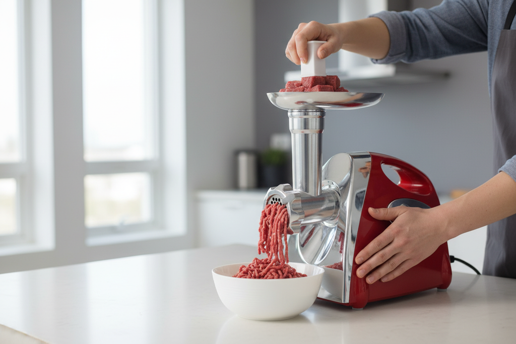Contemporary kitchen with meat grinder in action