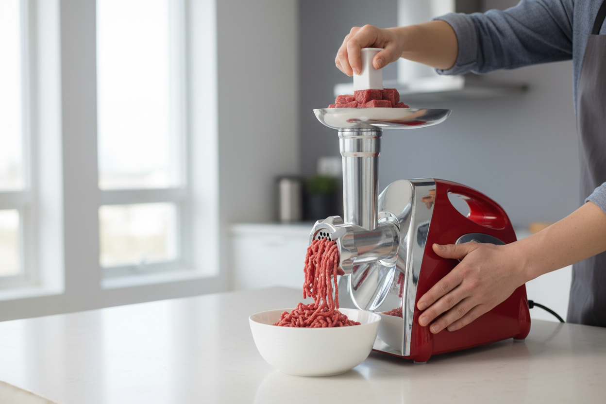 Contemporary kitchen with meat grinder in action