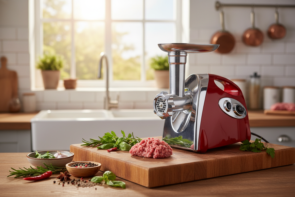 Cozy kitchen with meat grinder and fresh ingredients