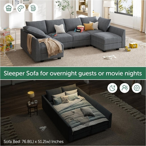 Bluish Grey U Shaped Sectional Sofa With Modular Storage