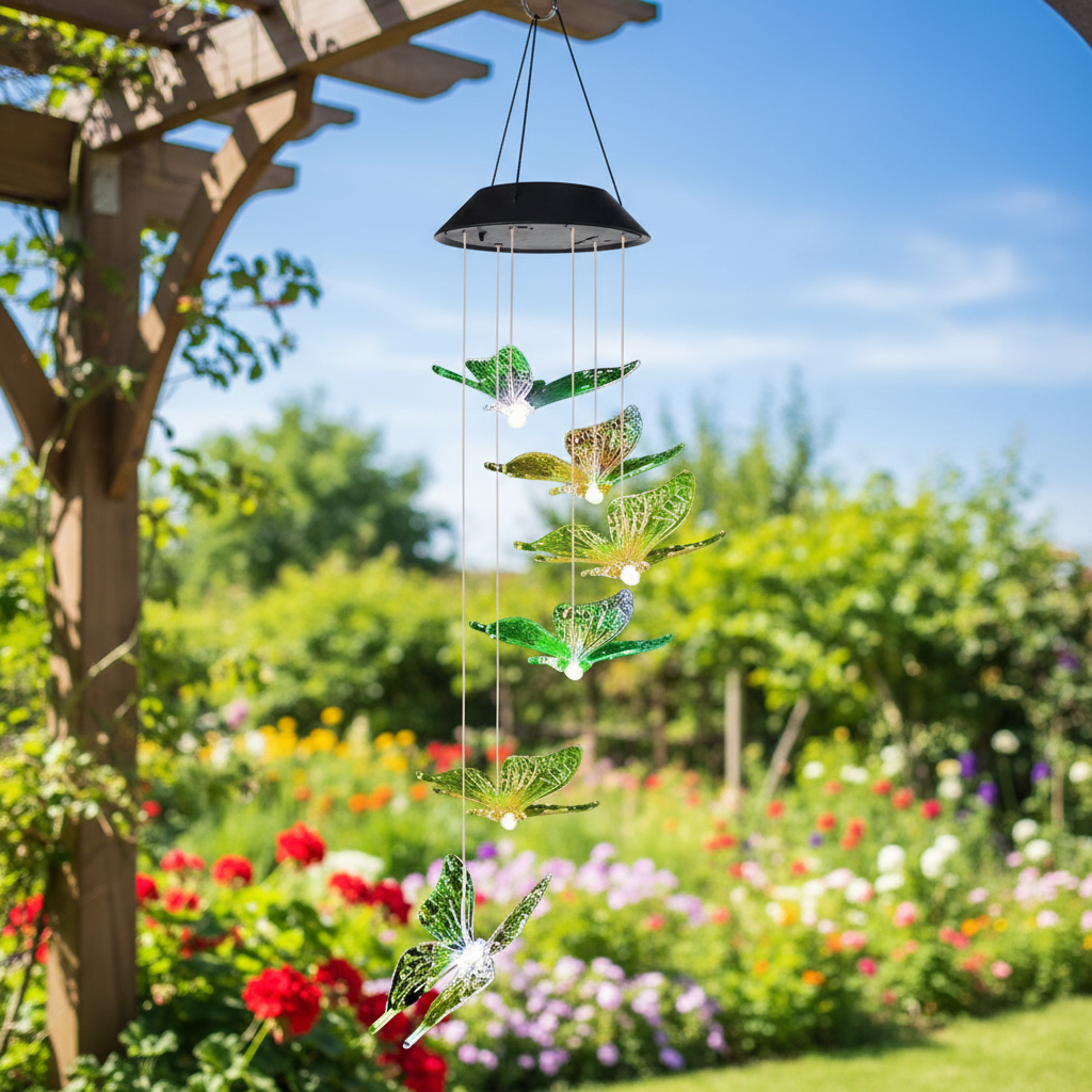 Daytime close-up showing glass butterflies