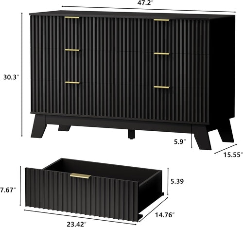 6 Drawer Dresser With Fluted Front And Gold Handles