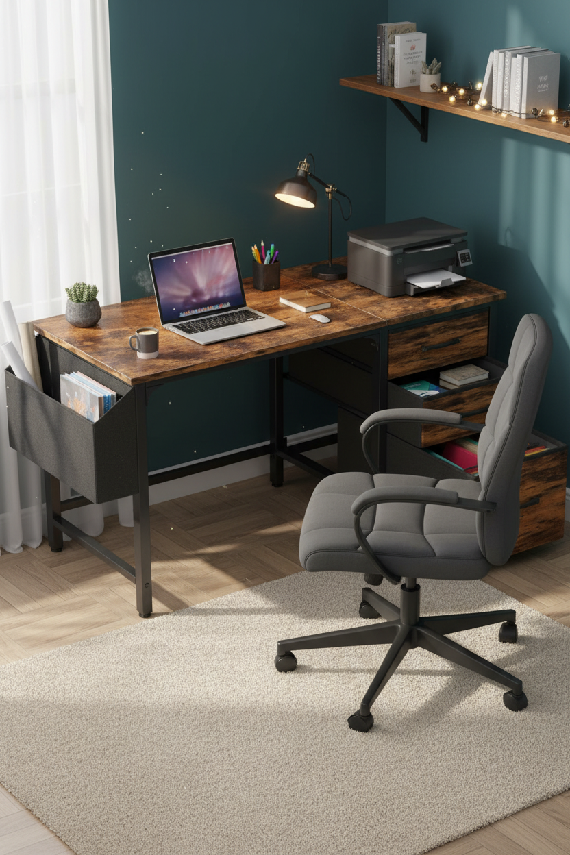 Desk in cozy home office corner