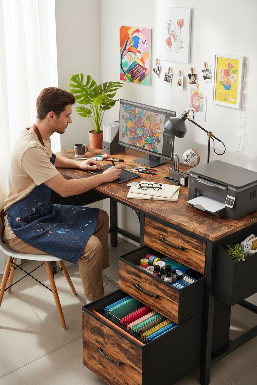 Desk in creative workspace