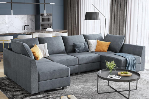 Bluish Grey U Shaped Sectional Sofa With Modular Storage