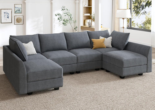 Bluish Grey U Shaped Sectional Sofa With Modular Storage