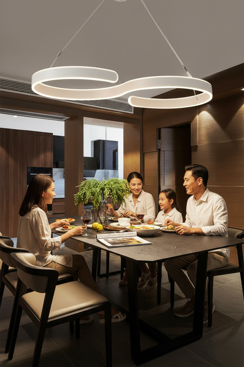 Family dining under chandelier