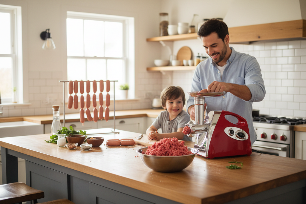 Family kitchen scene making homemade sausages
