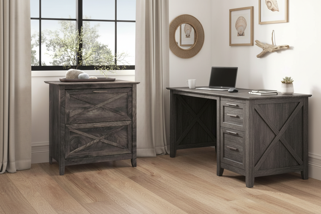 File cabinet next to desk in home office